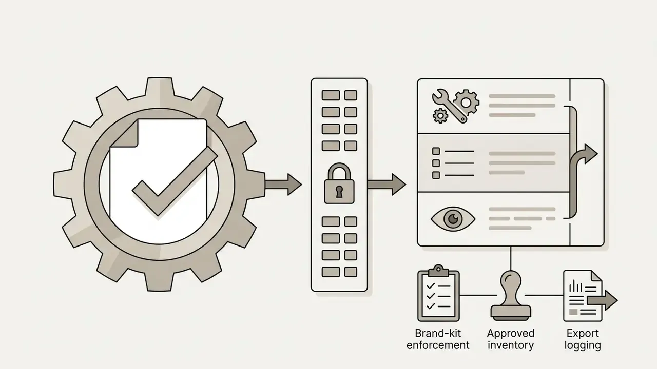 Gear with a document checkmark flowing through a security lock into a system of compliance controls