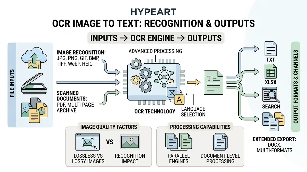 Diagram showing various file inputs and output formats for an OCR image to text processing system