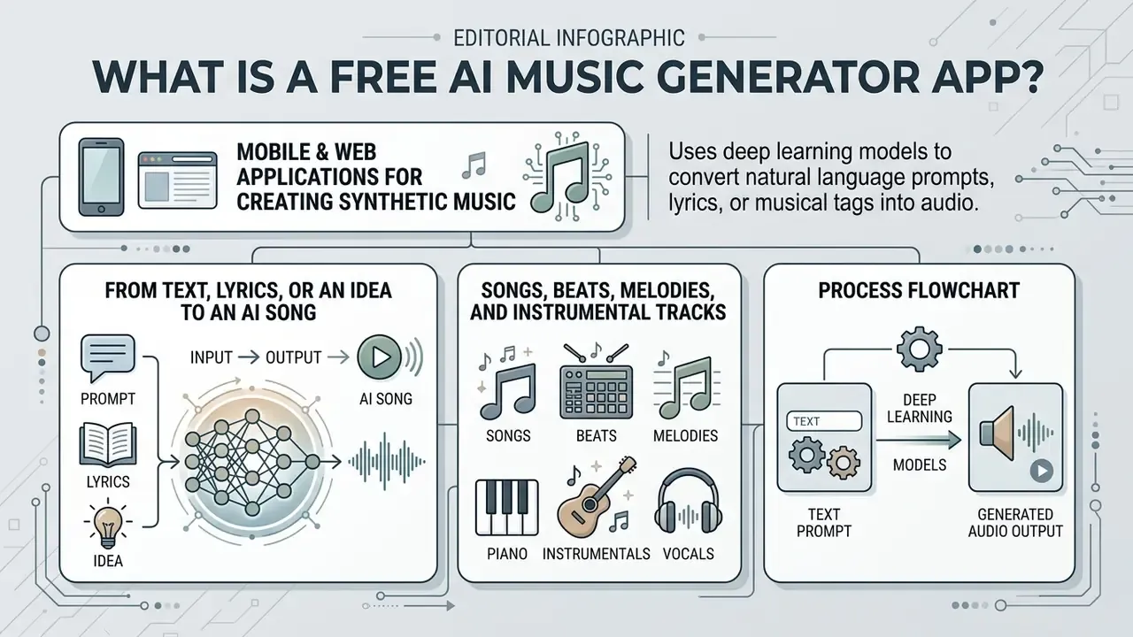 Infographic showing how a free AI music generator app converts text prompts into audio tracks
