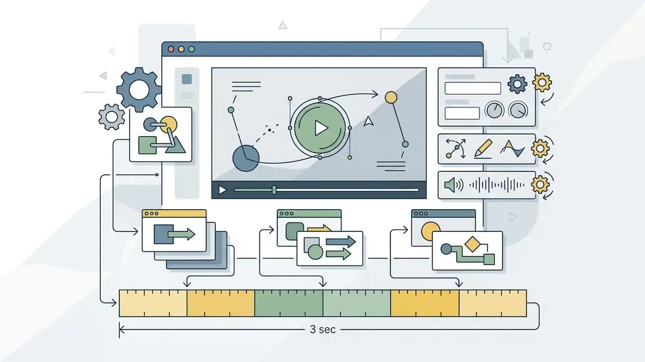 Software interface showing elements mapped to specific segments of a three second timeline