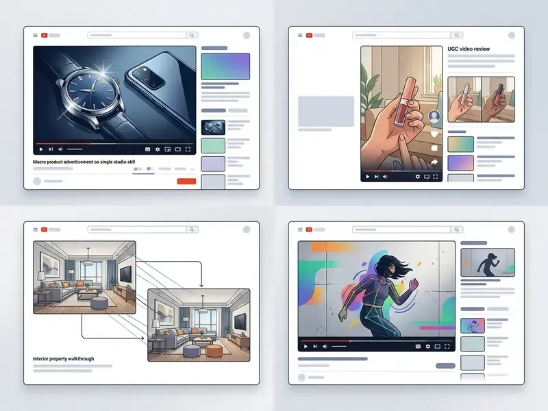 Grid of four video player interfaces displaying product ads, user reviews, property tours, and motion data