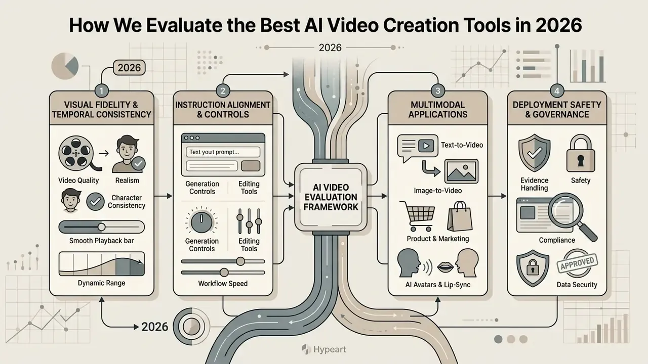 Infographic showing a four-part framework for evaluating AI video tools through quality and safety metrics