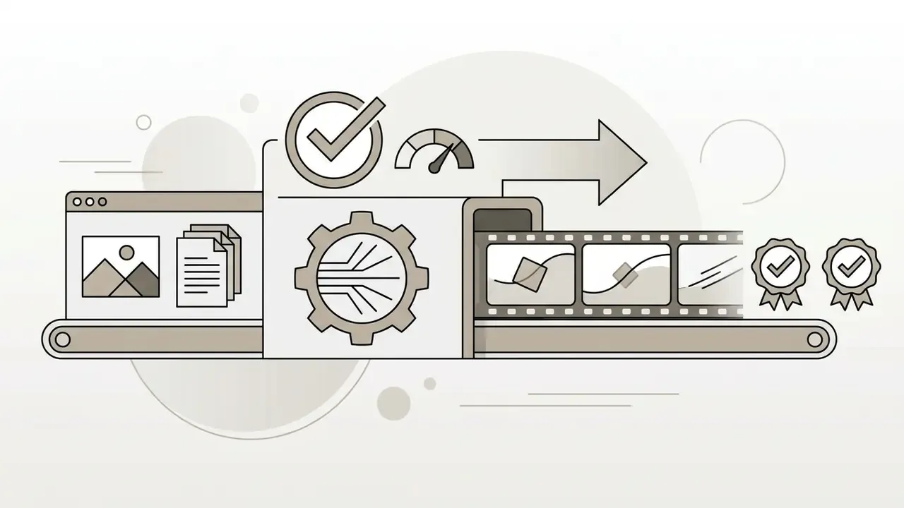 Conveyor belt moving image files through a processing gear into a film strip with quality badges