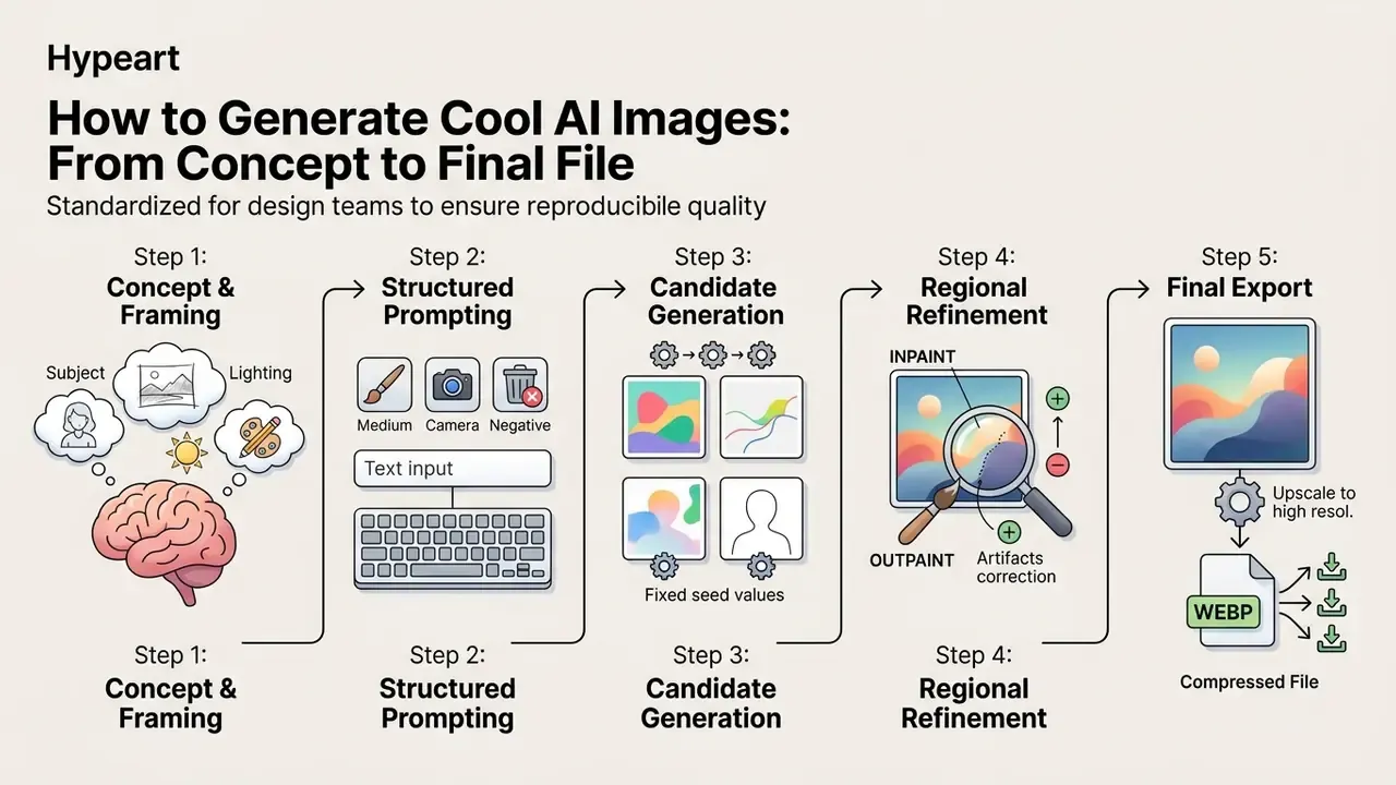Five step process diagram for creating cool AI images from initial concept to final file export
