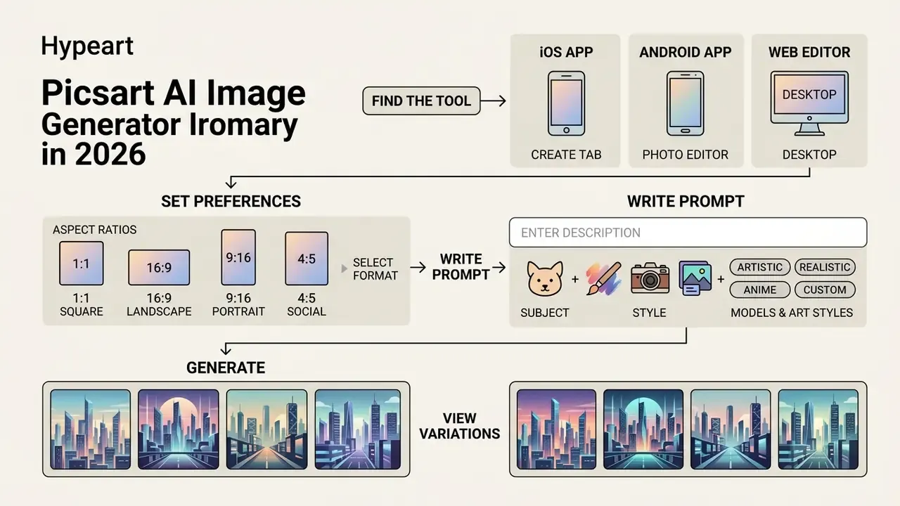 Step by step guide showing how to select aspect ratios, write text prompts, and generate image variations