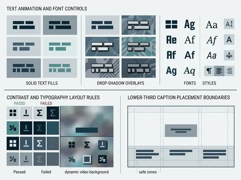 Visual guide showing text fill styles, font options, contrast ratios, and lower-third safe zones