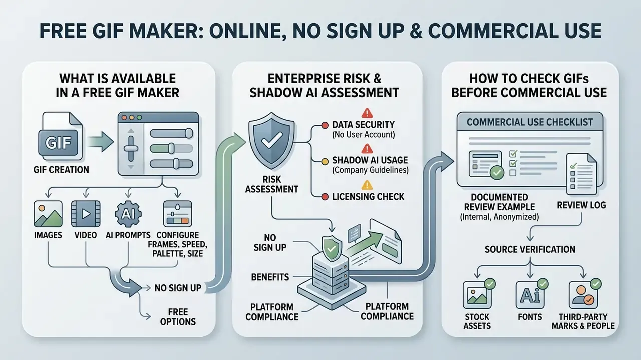 Three-part infographic outlining creation tools, risk assessment, and commercial verification processes