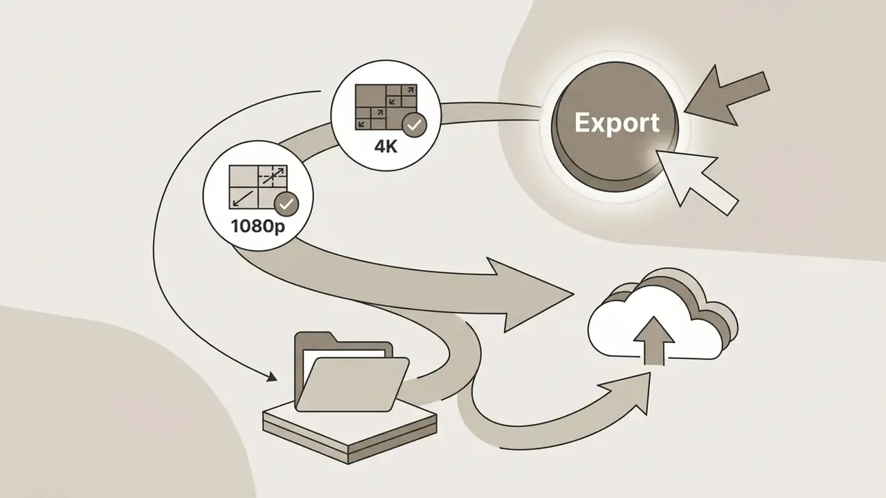 Cursor clicking an export button to select resolution options for saving to a local folder or cloud storage
