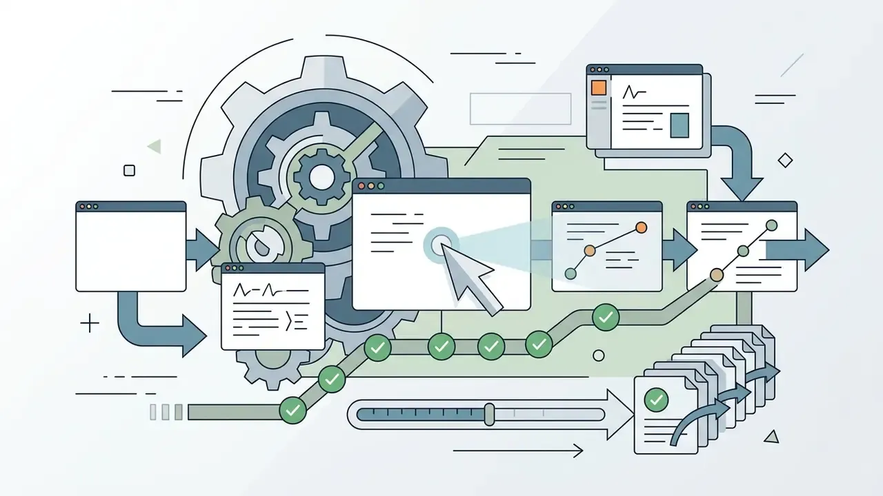 Diagram showing a digital workflow where software windows and gears process data into structured documents