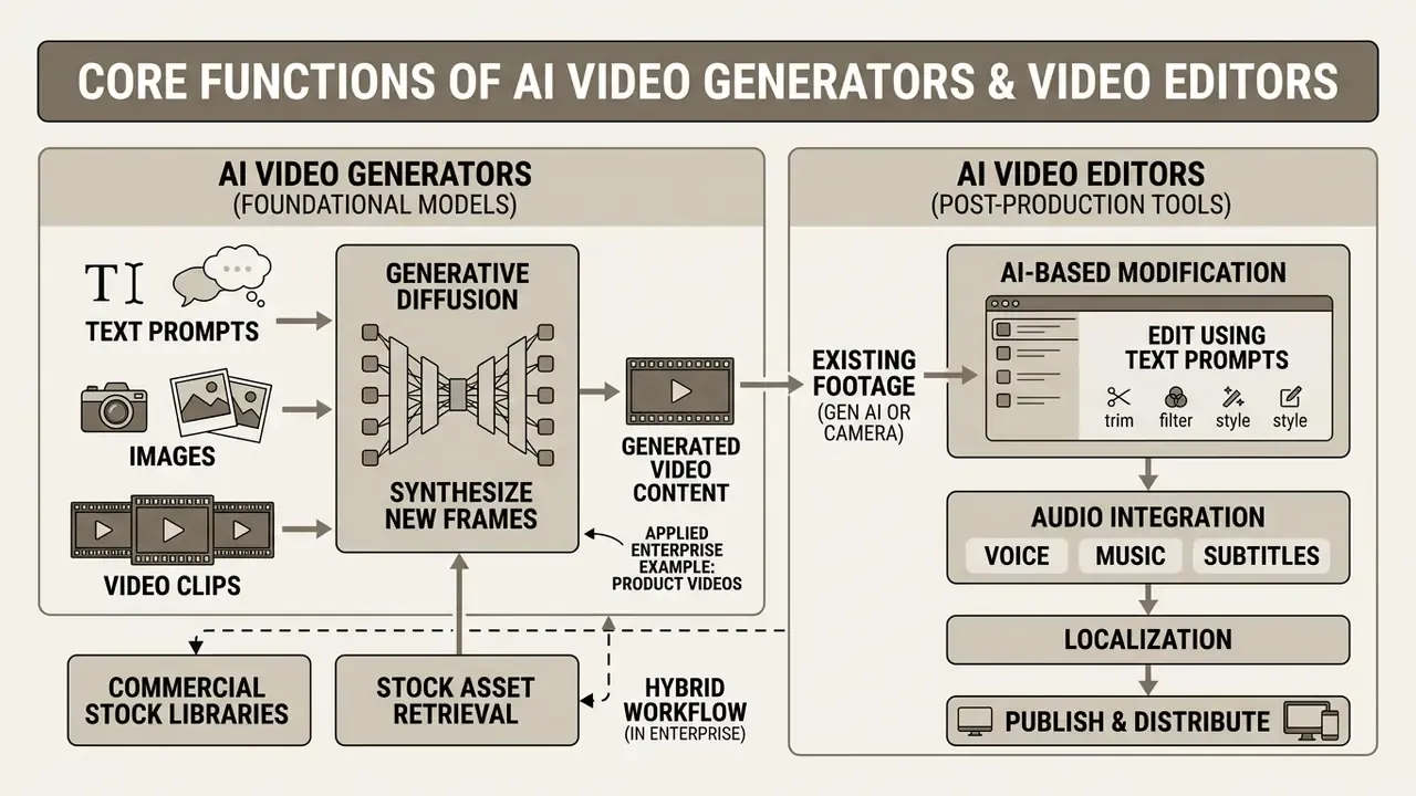 Flowchart comparing generative diffusion models for new video creation with post-production editing tools