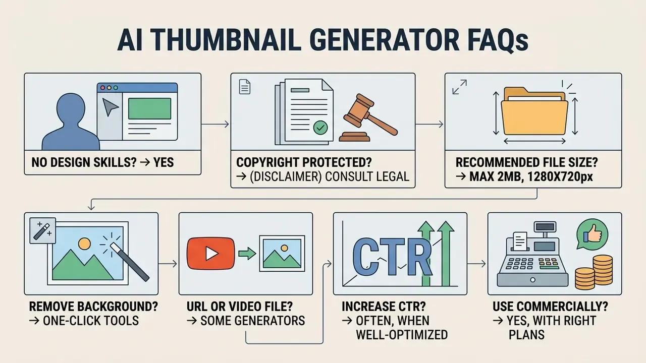 Series of icons and text boxes explaining common questions about using automated tools for video graphics