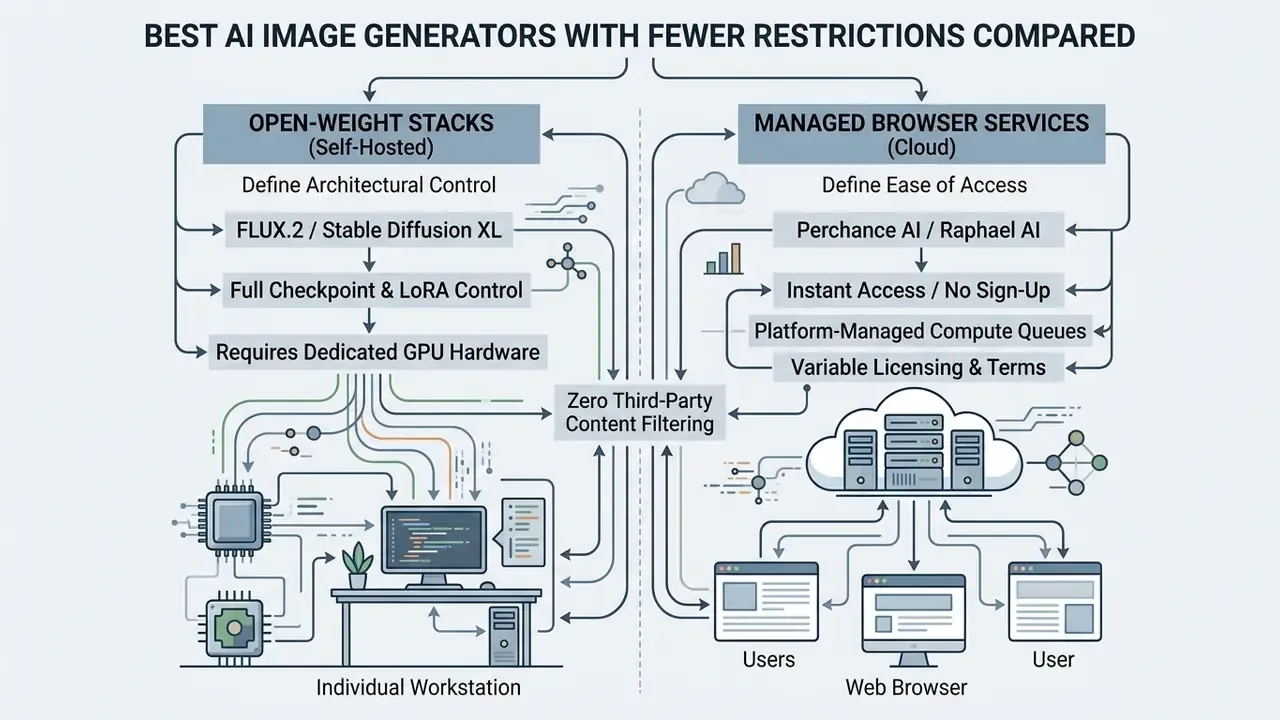 Diagram contrasting self-hosted open-weight AI stacks with cloud-based managed browser services