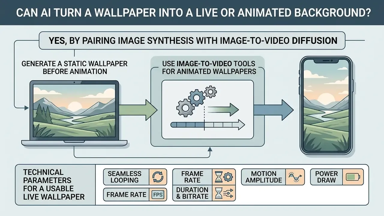 Process flow showing static image creation and video diffusion steps alongside key technical parameters