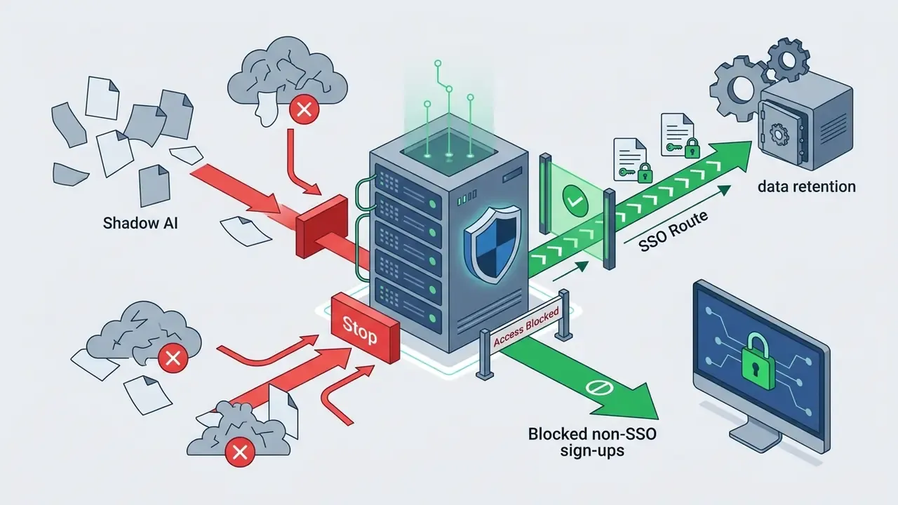 Data flow showing SSO authentication paths versus blocked unauthorized sign-up attempts
