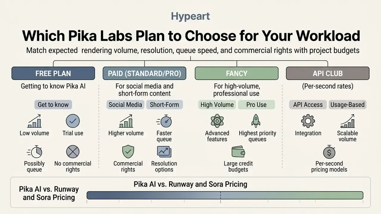 Chart outlining Pika Labs plan features, usage cases, and commercial rights for different user needs