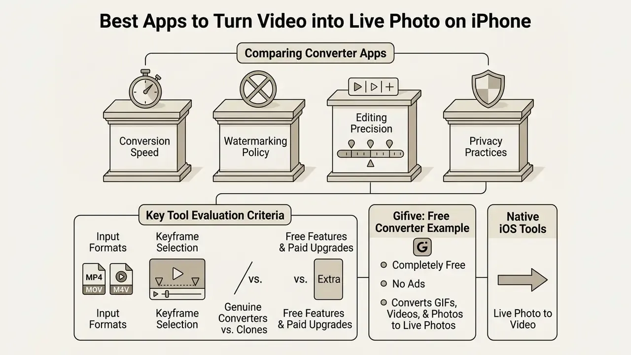 Diagram outlining criteria for evaluating apps to turn video into a live photo on an iPhone