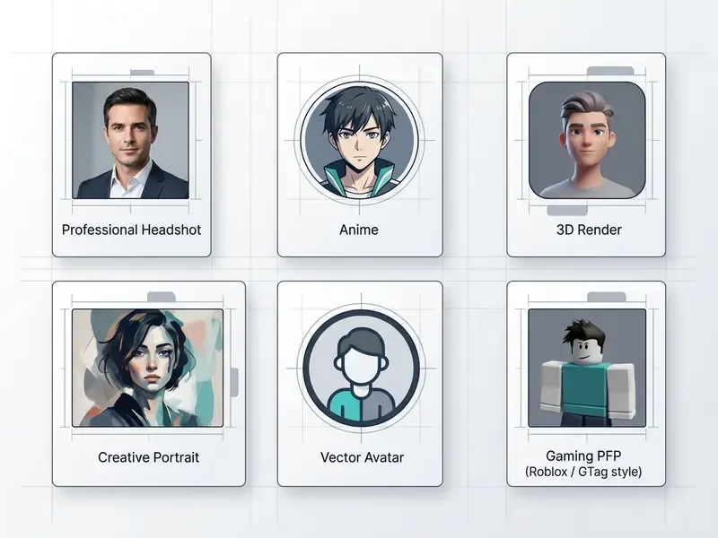 Grid of six cards displaying various portrait styles including professional, anime, 3D, and gaming avatars