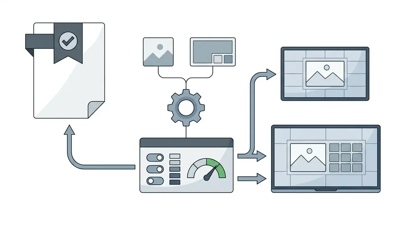 Document with a checkmark feeding into a control panel that outputs to various display screen formats