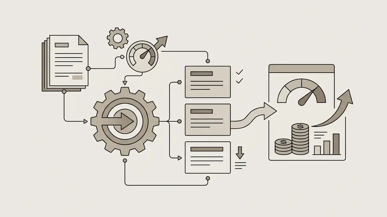 Line drawing showing document processing, gear mechanics, and cost tracking leading to a financial report