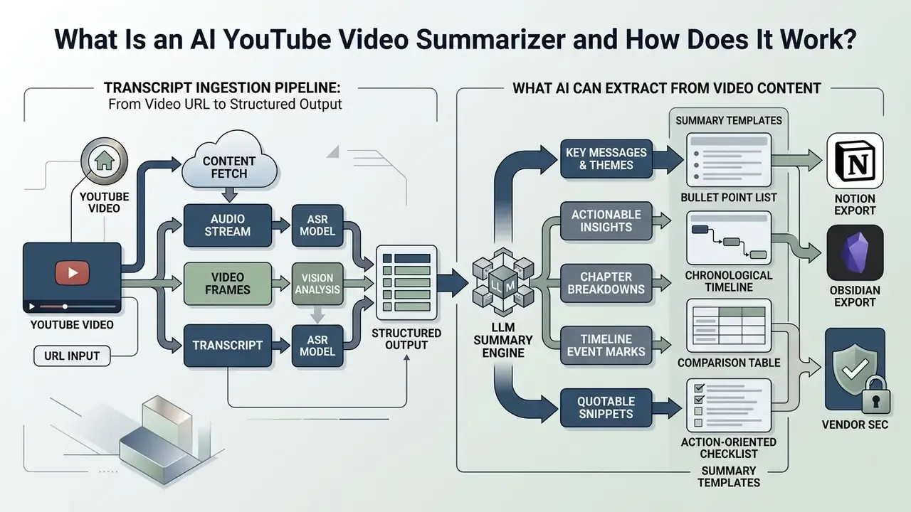 Diagram showing how an AI YouTube video summarizer processes media into structured content and exports