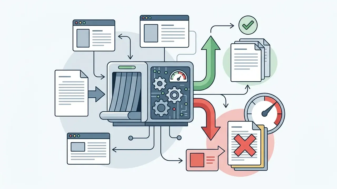 Digital documents feeding into a central gear processor that sorts files into approved or rejected paths