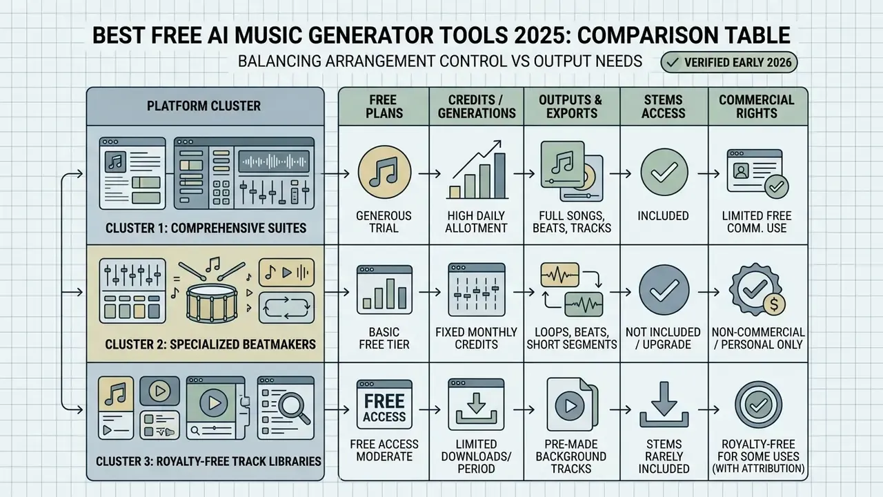 Flowchart categorizing AI music tools into three clusters based on features like credits and commercial rights