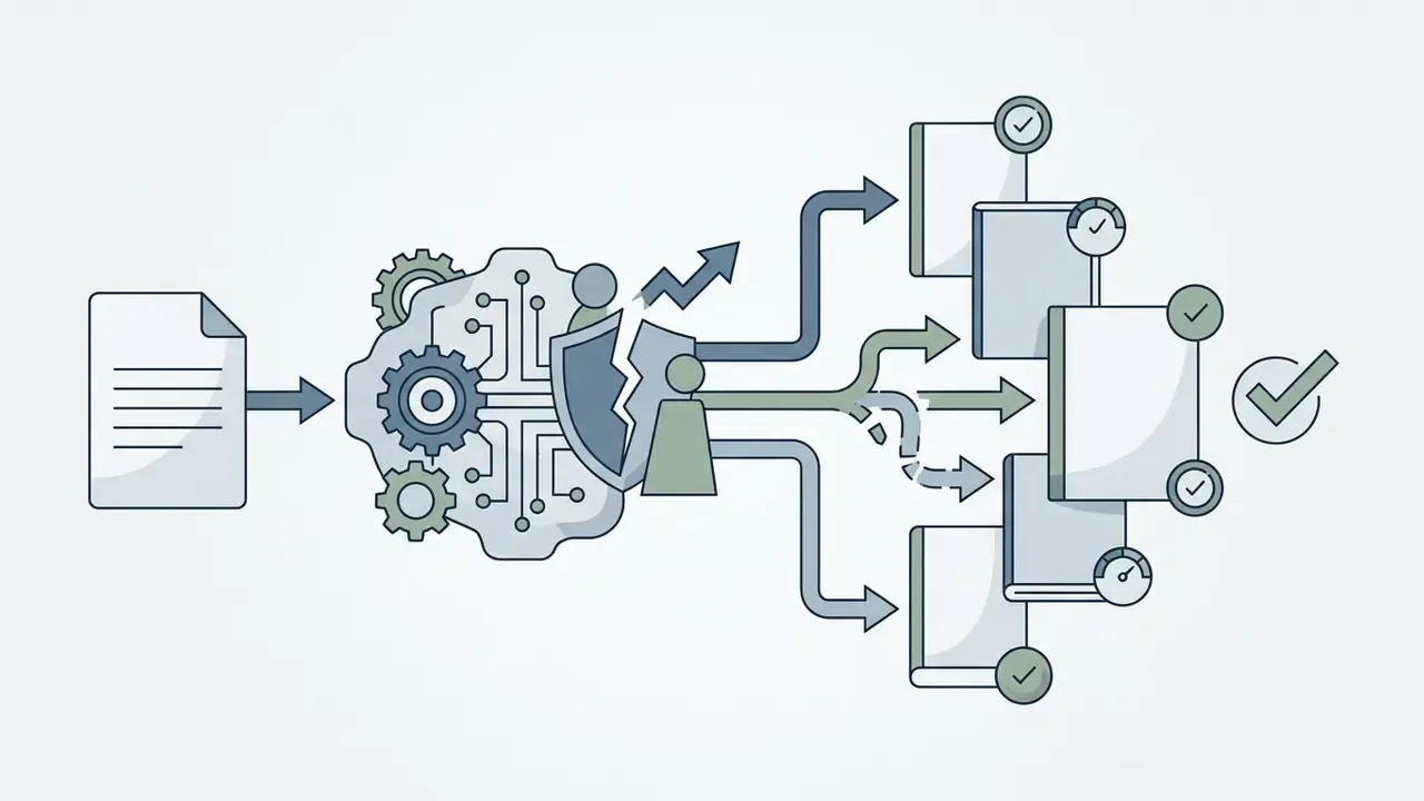 Document feeding into a mechanical brain that filters content into multiple book options with checkmarks