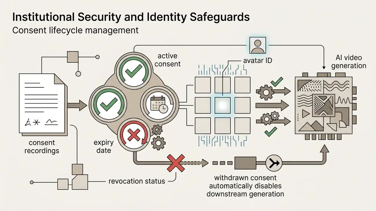 Process flow showing consent recordings and status linked to avatar IDs to control content generation
