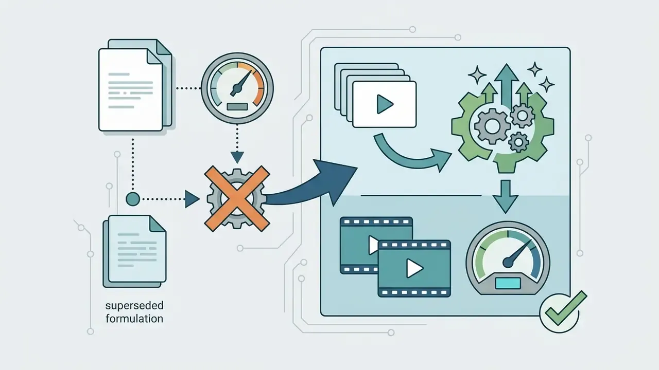 Diagram showing documents and a speedometer leading to a gear icon and an optimized video processing workflow