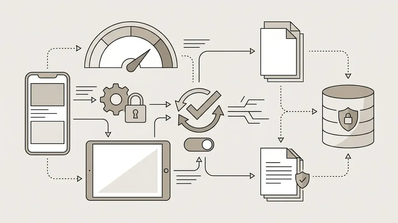 Mobile and tablet devices syncing project data to secure cloud storage through a centralized process