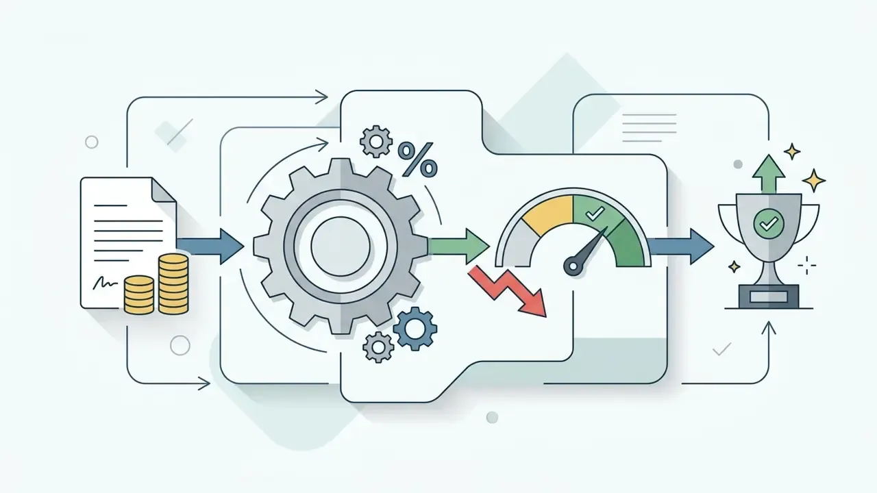 Financial document and coins feeding into a gear system to calculate risk and achieve a trophy result