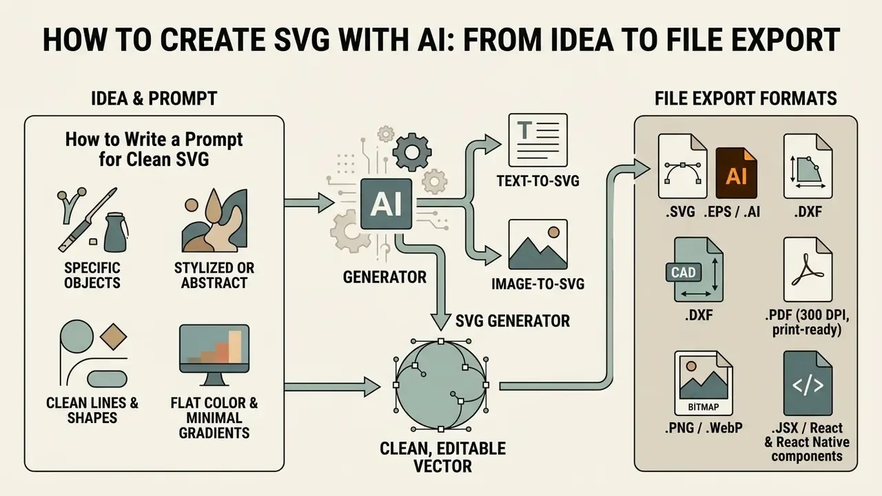 Infographic showing the process of using an AI SVG generator to create and export various file formats
