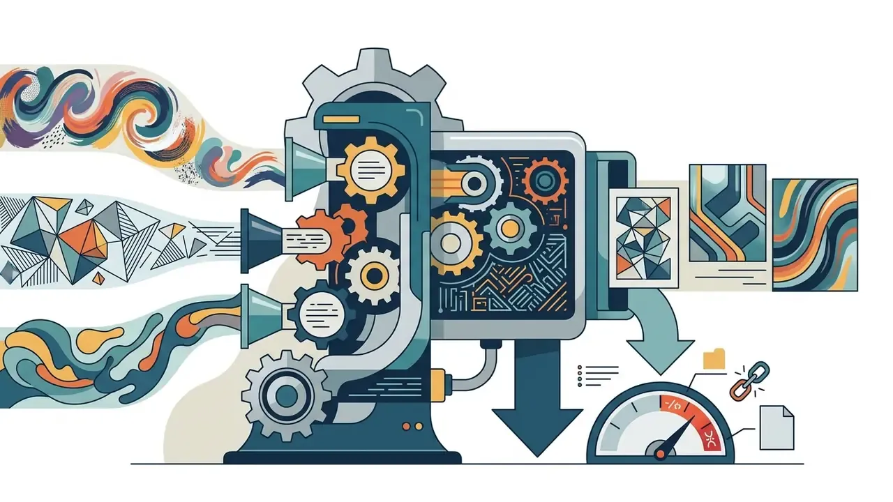 Mechanical device processing swirling artistic patterns into structured digital prints and gauge readings