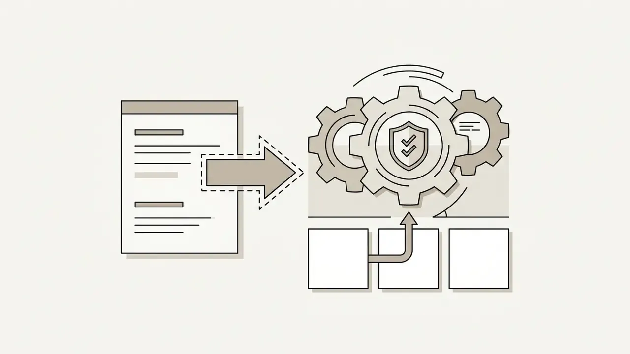 Text input moving via arrow into a gear system with a shield icon above three empty data blocks