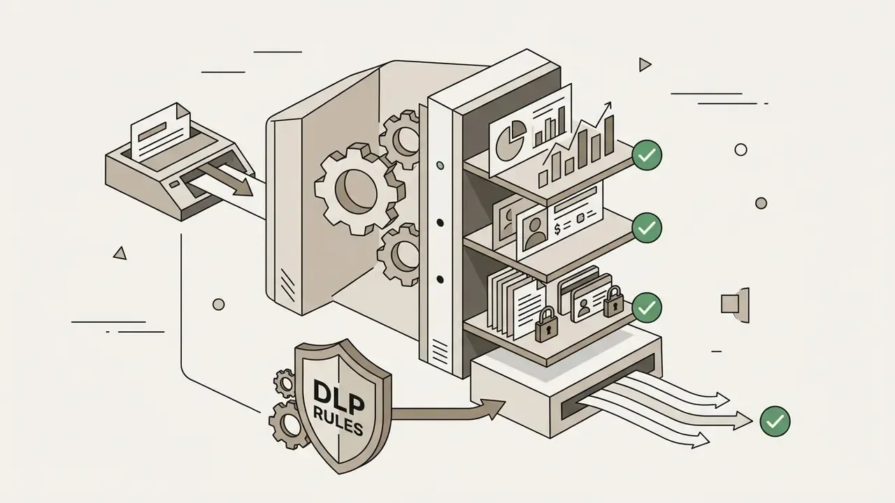 Input feeding into a gear system with a DLP shield that filters sensitive data into approved outputs