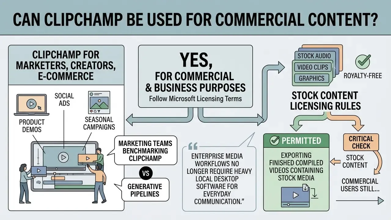 Infographic outlining commercial usage rights for stock media and business video production workflows