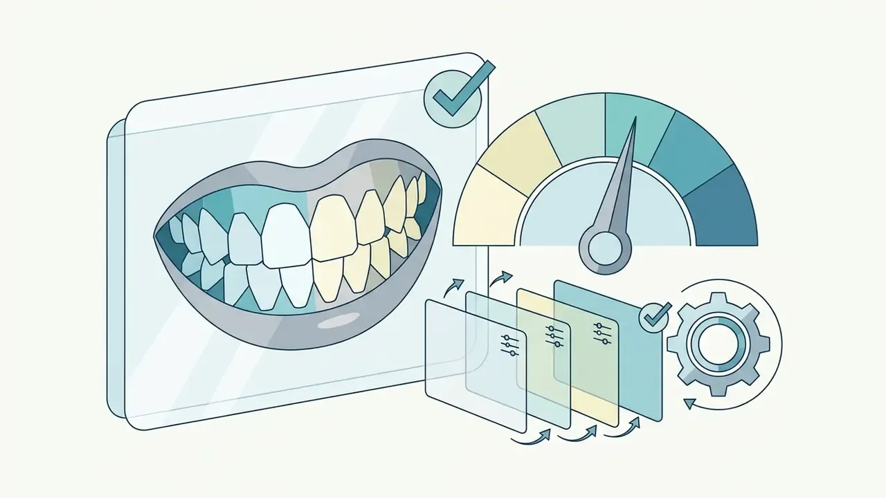 Layered adjustment panels and a gauge showing intensity levels for modifying tooth color