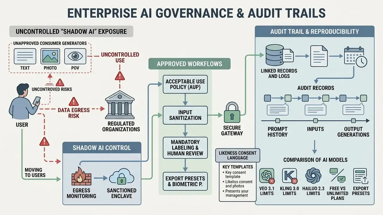 Flowchart depicting risks of shadow AI versus sanctioned enterprise workflows and audit trail requirements