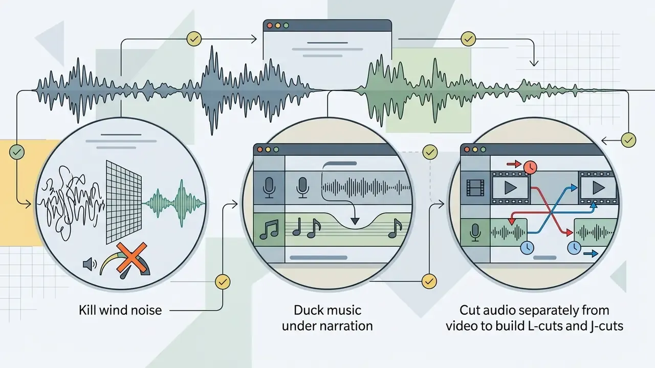 Three circular icons showing audio noise removal, music ducking, and independent audio and video editing