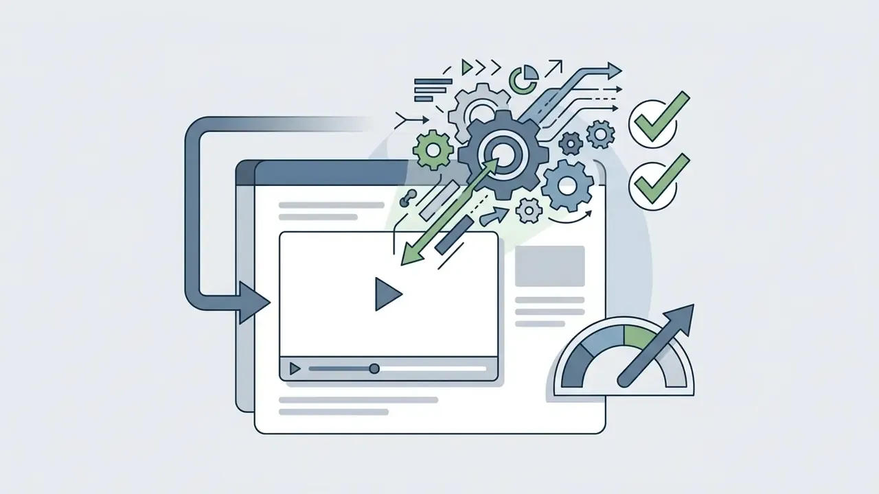 Video player interface connected to gears, checkmarks, and a performance gauge showing upward growth