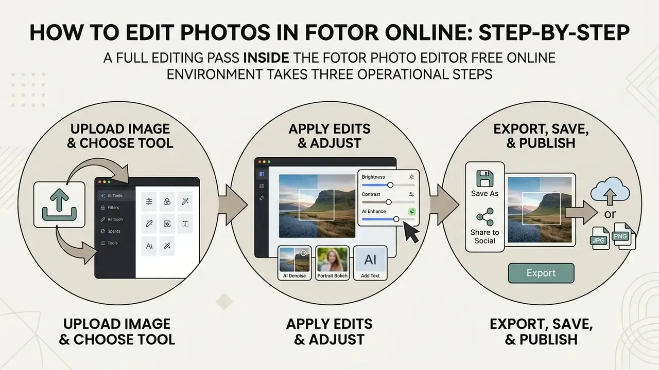 Three-step workflow for using the Fotor photo editor to upload, edit, and export images