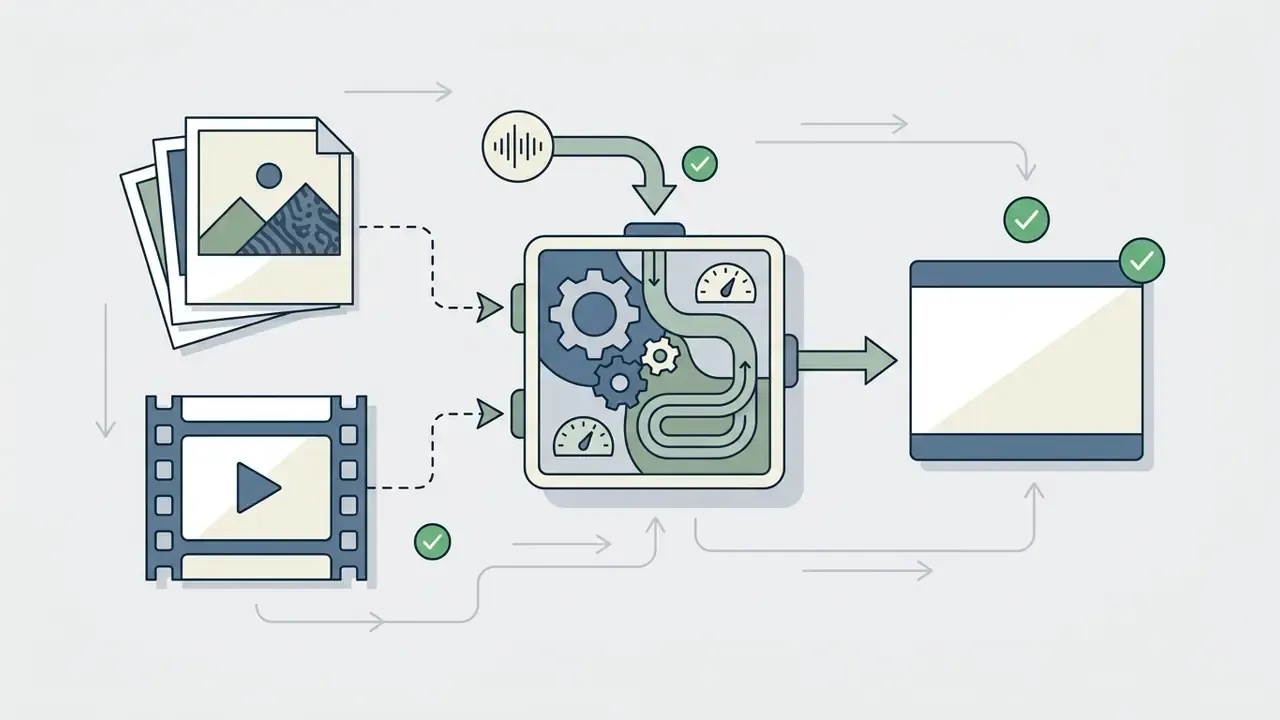 Photos and video clips feeding into a central processing box with gears to create a finished video file