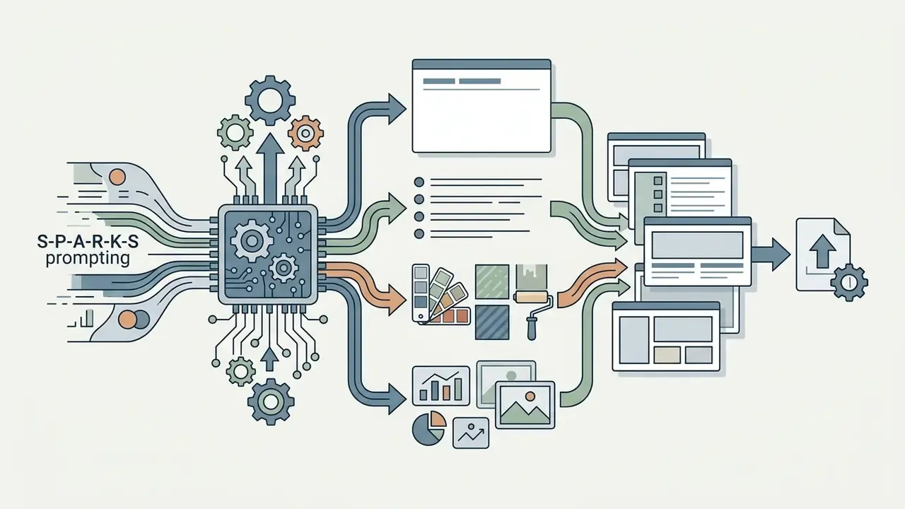 System processing user prompts through a central processor to generate slide layouts and visual elements