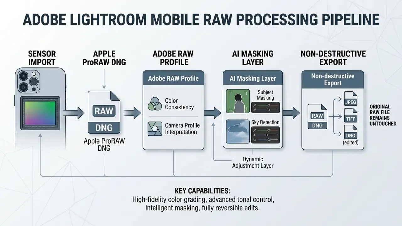 Flowchart showing the non-destructive RAW editing process from sensor capture to final file export