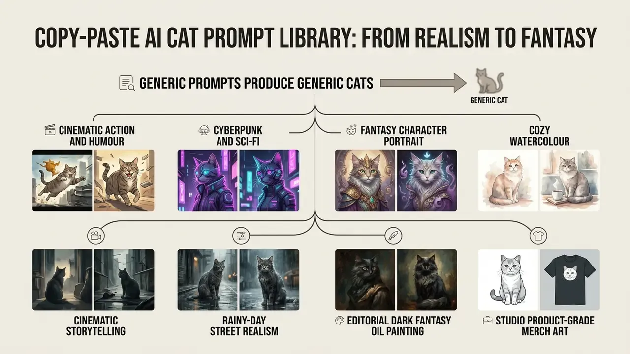 Diagram categorizing feline art styles ranging from cinematic action to studio product designs