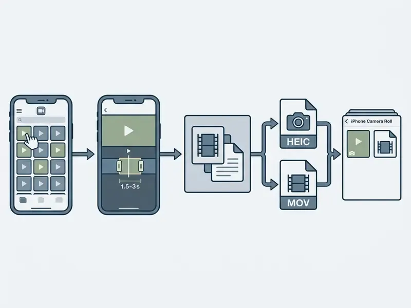 Sequence showing video selection, trimming, file conversion to HEIC and MOV, and saving to camera roll