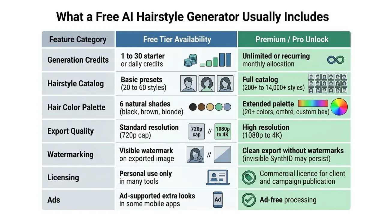 Comparison table contrasting free and premium features like generation credits, catalogs, and export quality