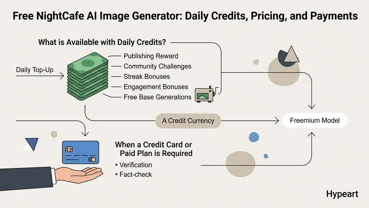 Diagram explaining the NightCafe AI credit currency system for daily rewards and paid plan requirements
