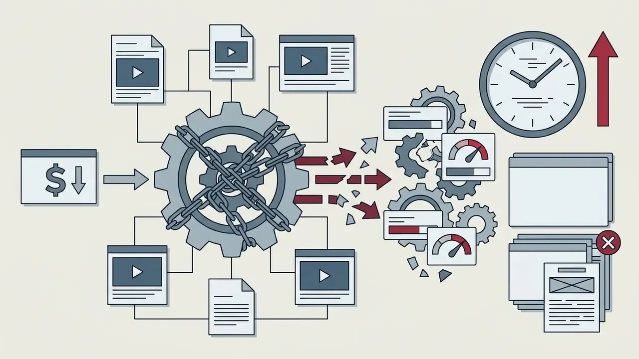 Chained gear connected to video embeds breaking into gears, gauges, and a clock indicating rising time costs