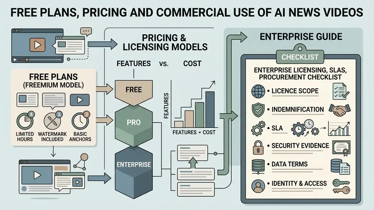 Comparison infographic showing freemium tiers alongside an enterprise procurement checklist